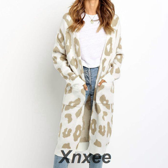 Women's Leopard Knitted Long Sleeve Cardigan Sweater