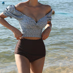 Ins Style Floral Short Sleeve High Waist Bikini Set