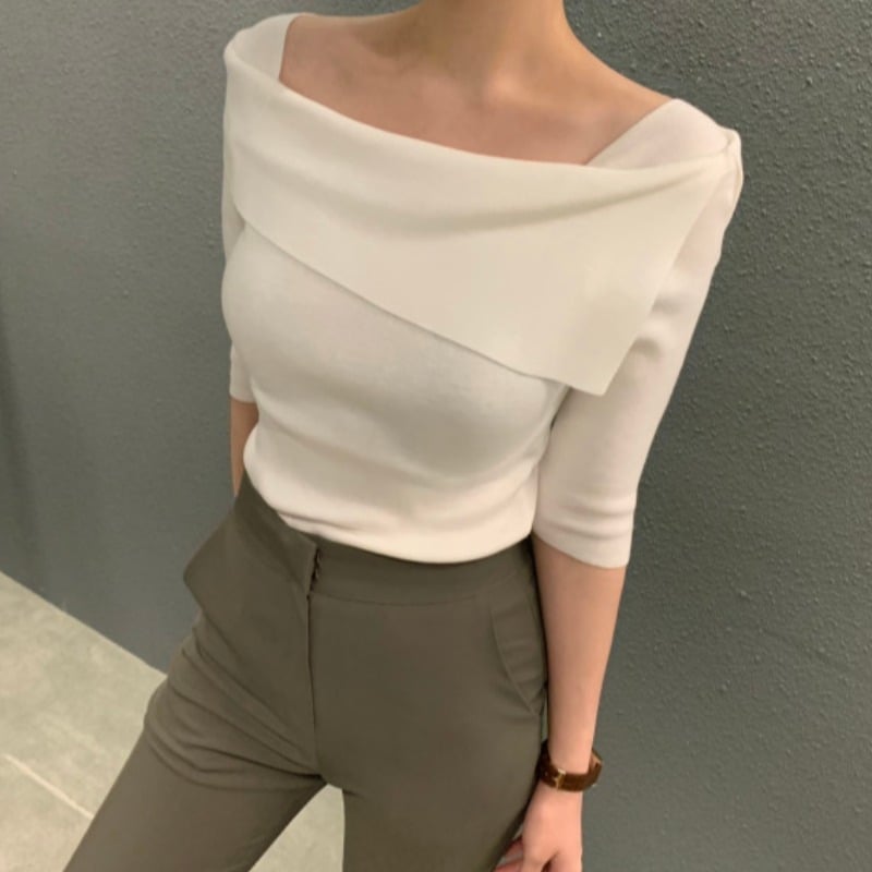 Slim Fit One-Line Neck Knit Sweater for Women