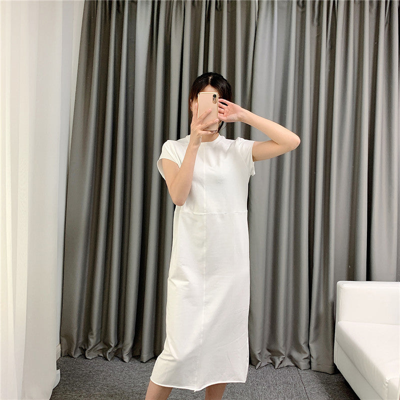 New Cotton Long Dress with Side Slit and Short Sleeves