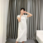 New Cotton Long Dress with Side Slit and Short Sleeves