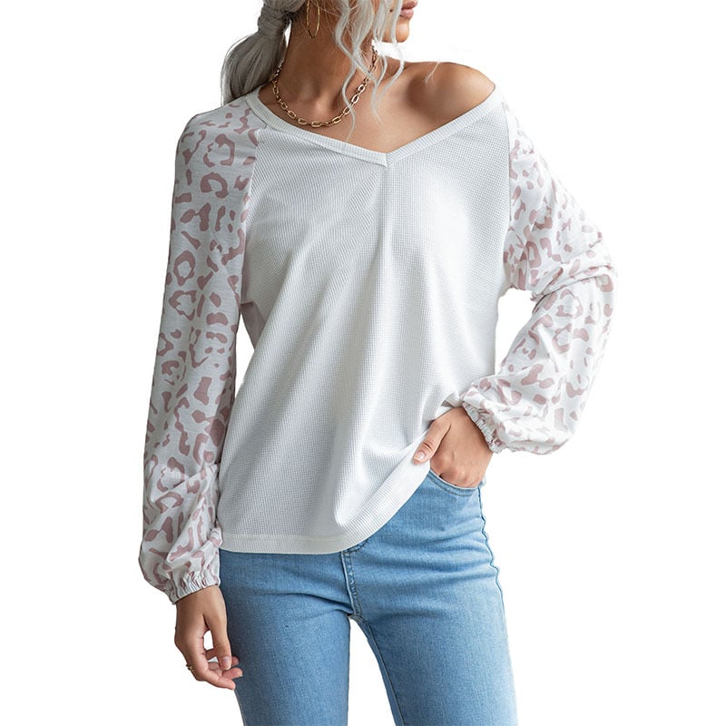 Leopard V-Neck Knit Sweater with Waffle Panel for Women