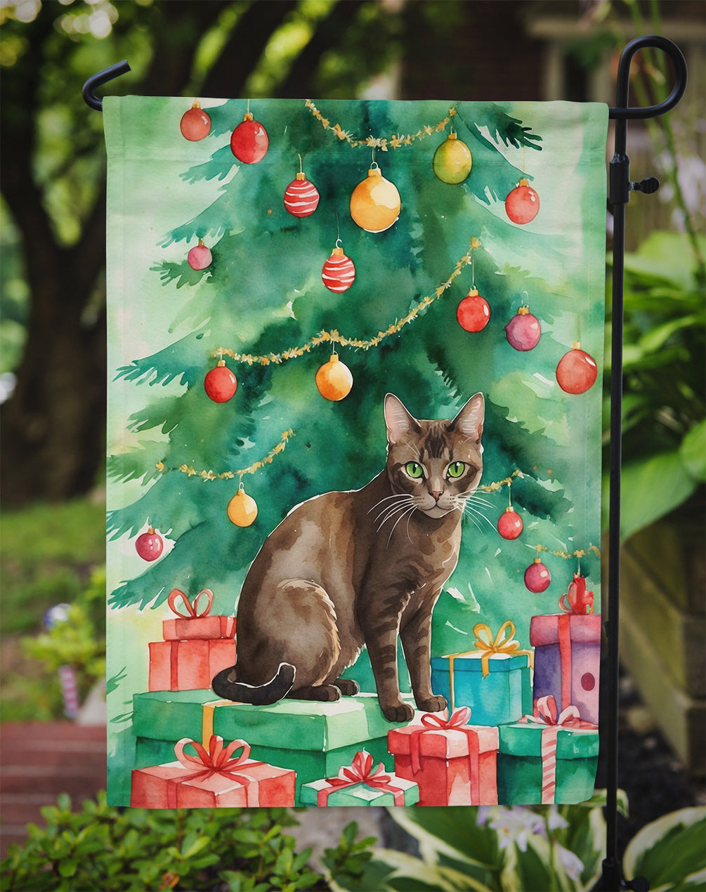 Havana Brown Cat By the Christmas Tree Garden Flag