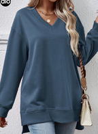 V-neck Split Front Long Back Sweater in Solid Color