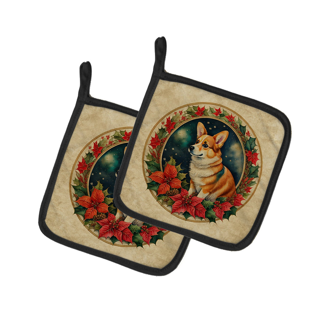 Corgi Christmas Flowers Pair of Pot Holders