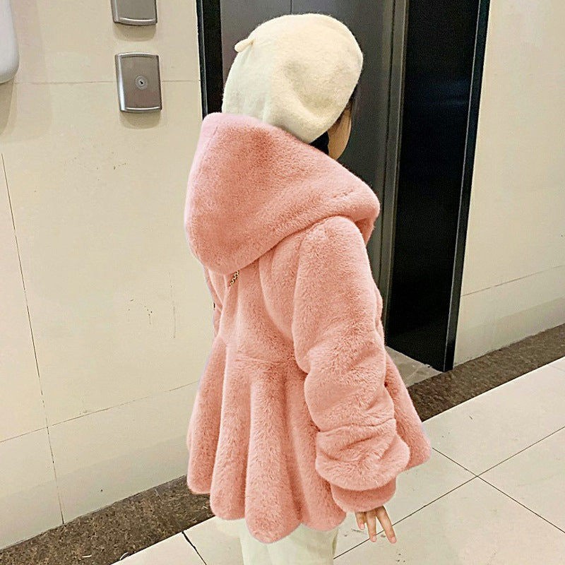 Personalized Girls' Thickened Hooded Rabbit Fur Coat