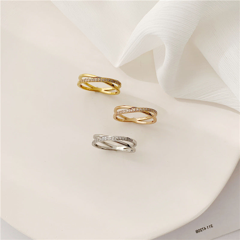 Korean X-shaped Cross Micro Rhinestone Rose Gold Ring