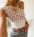 Retro Polka Dot One-Shoulder Crop Top for Women