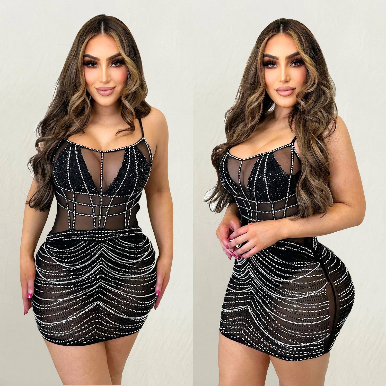 Solid Color Spaghetti Strap Mesh Dress for Women