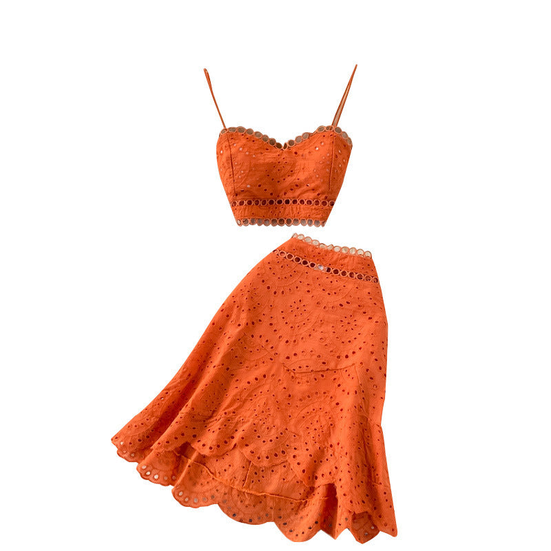 Beach Vacation Set: Backless Crop Top & Ruffled Skirt