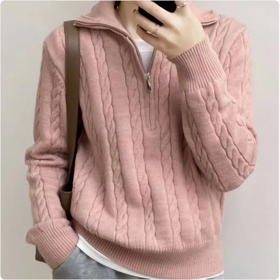 Korean-Style Retro Cable-Knit Zipper Pullover – Casual Long Sleeve Sweater Top | Streetwear