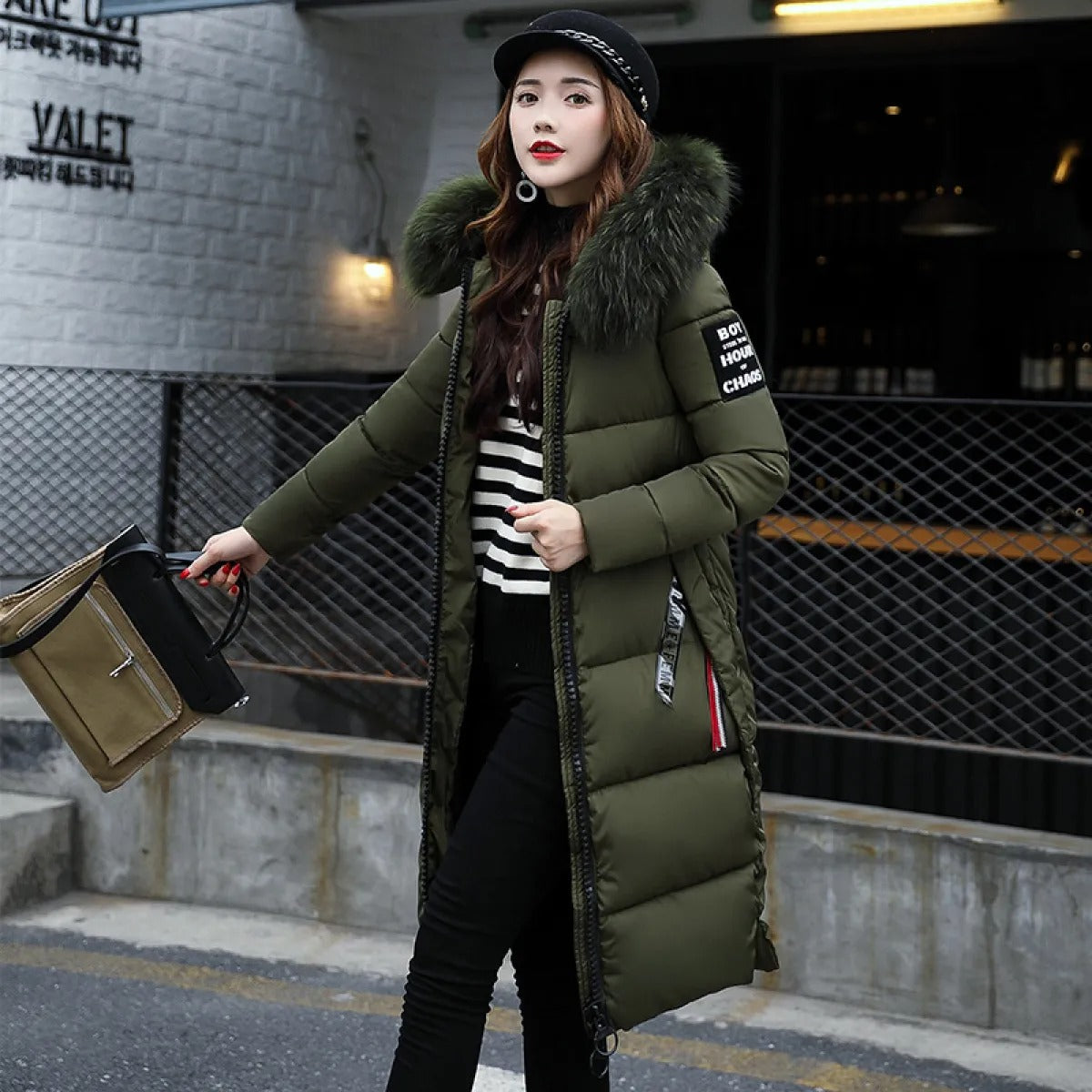 Girls' Cotton Padded Winter Coat with Fur Collar