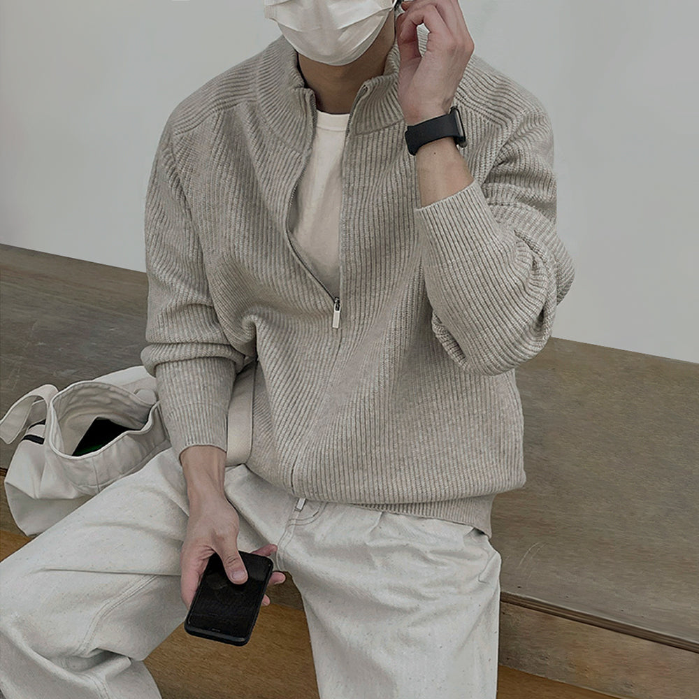 Men's High Necked Sweater Jacket with Standing Collar