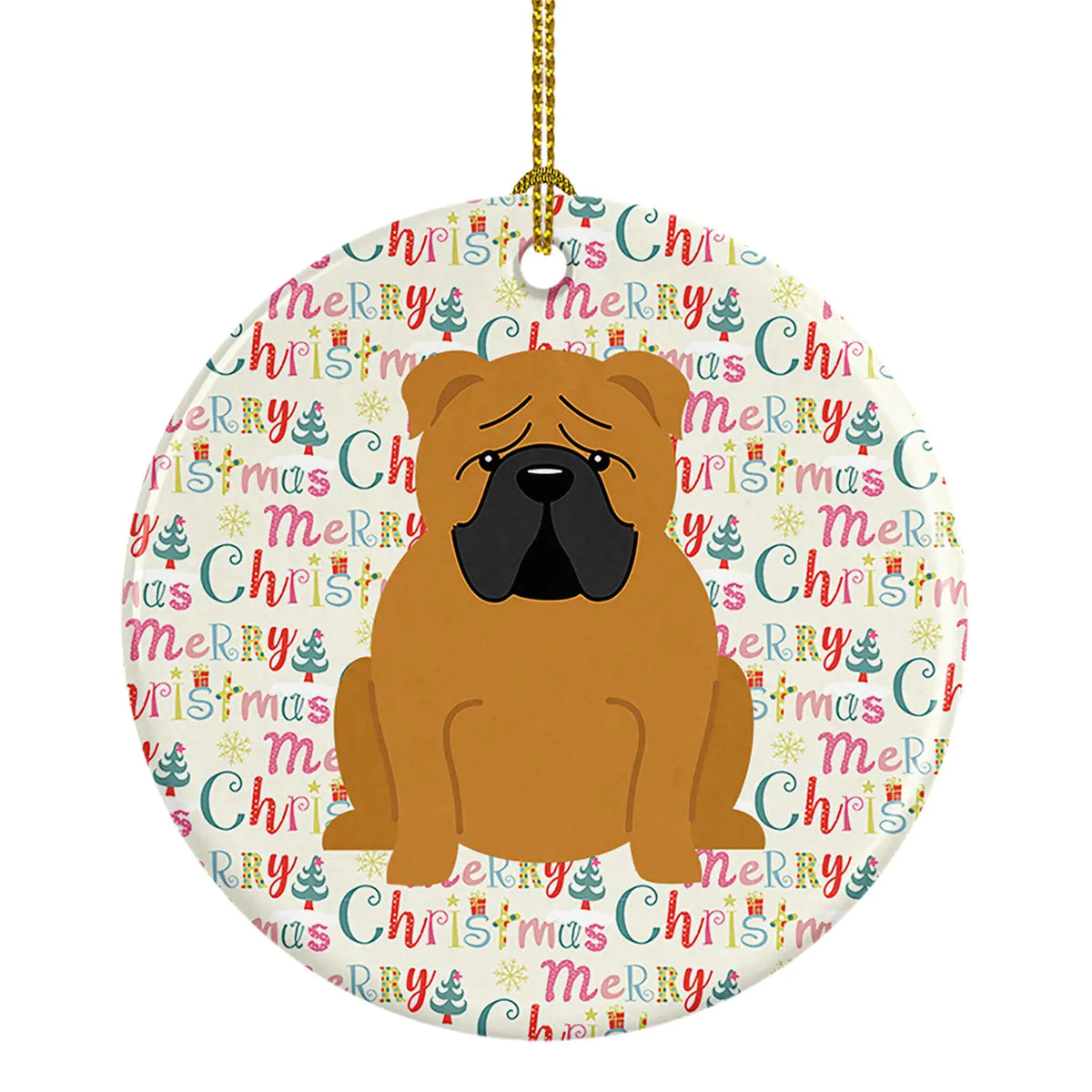 Merry Christmas English Bulldog Red Ceramic Ornament