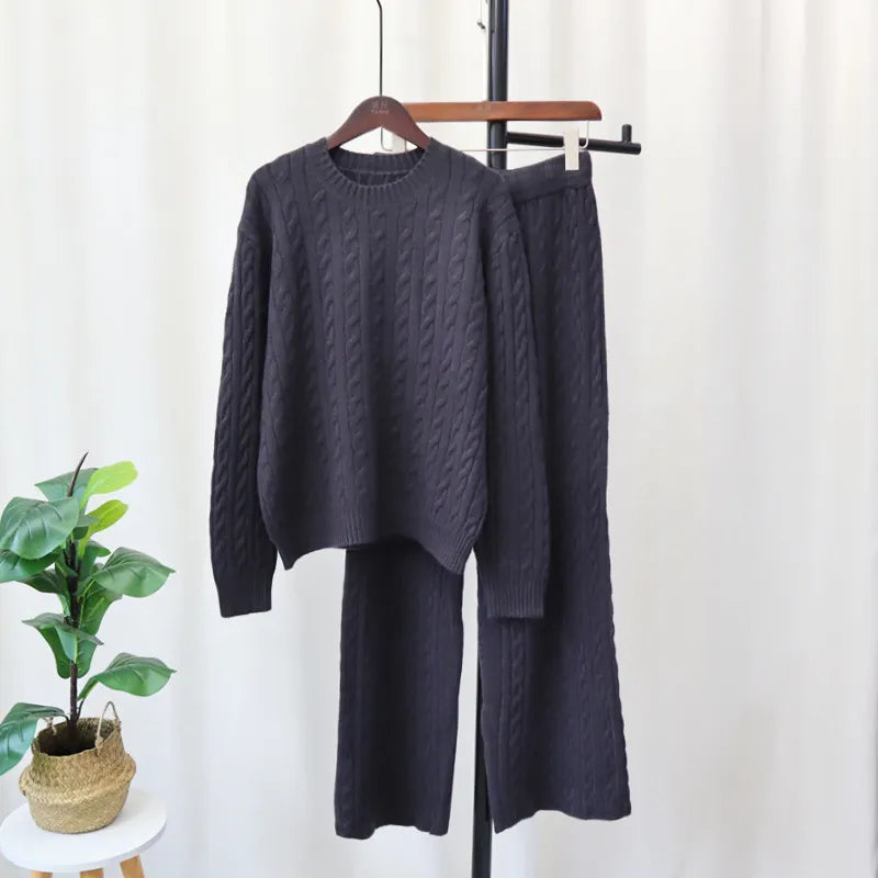 Sweater Pullover Plus Knitted Wide-legged Pants Two-piece Set | Streetwear