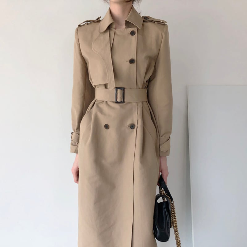 Double Breasted Nipped Waist Mid-Length Trench Coat