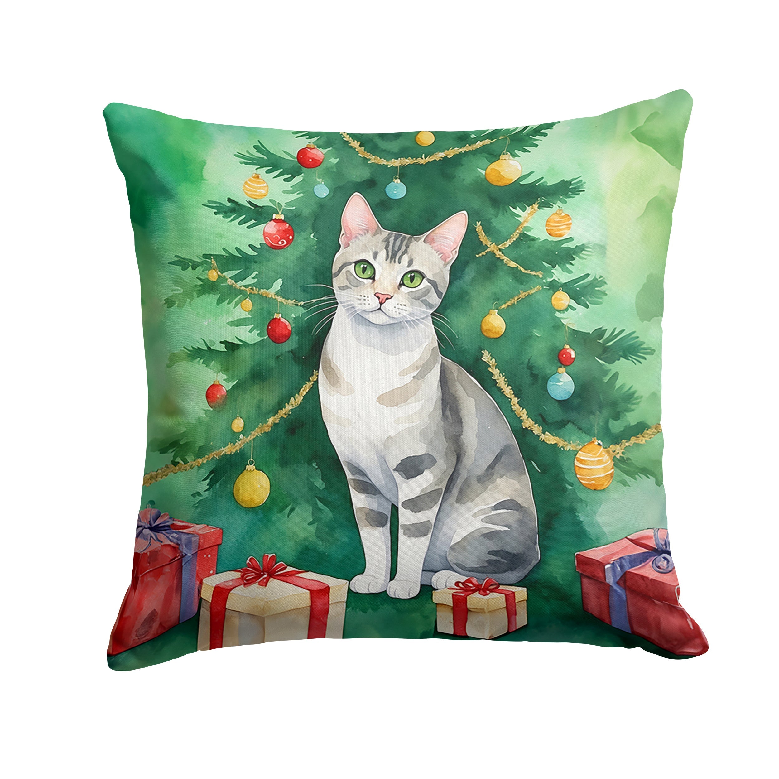 European Shorthair Cat By the Christmas Tree Throw Pillow
