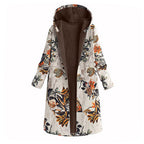 Vintage Print Cotton Hooded Zip Fleece Coat for Women