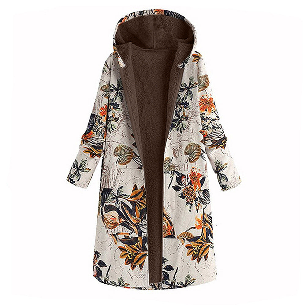 Vintage Print Cotton Hooded Zip Fleece Coat for Women