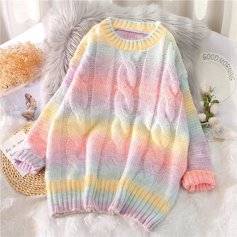 Rainbow Tie Dye Oversized Pullover Sweater for Women | Streetwear
