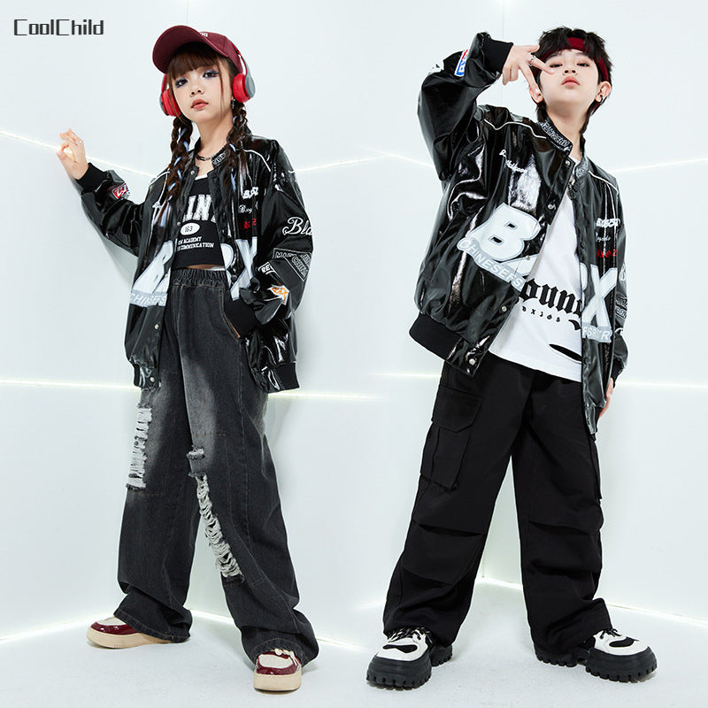 Boys Hip Hop Leather Jacket & Cargo Pants Set