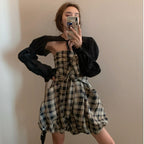 Summer Sexy Plaid Bodysuit with Long Sleeve Cover-Up