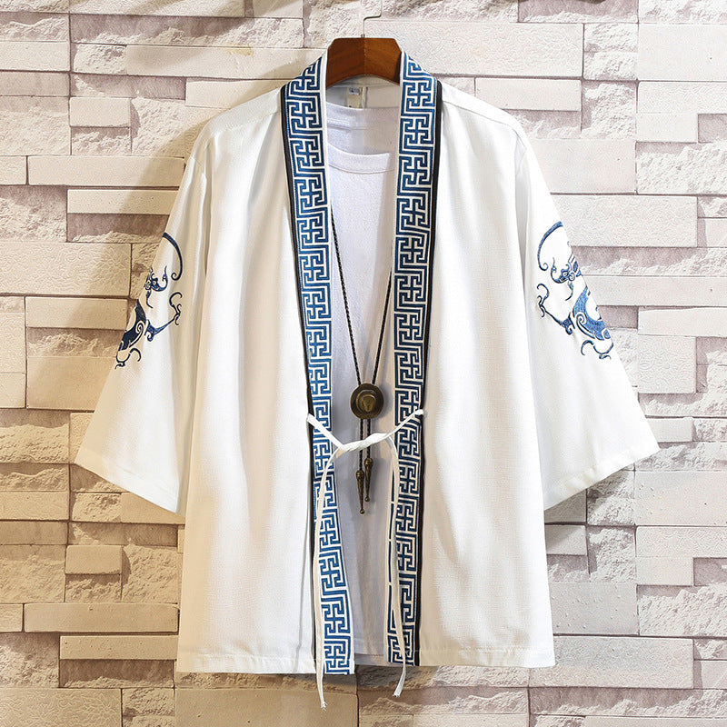 Men's Chinese Crane Embroidered Cardigan with 3/4 Sleeves