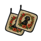 Black and Tan Coonhound Christmas Flowers Pair of Pot Holders