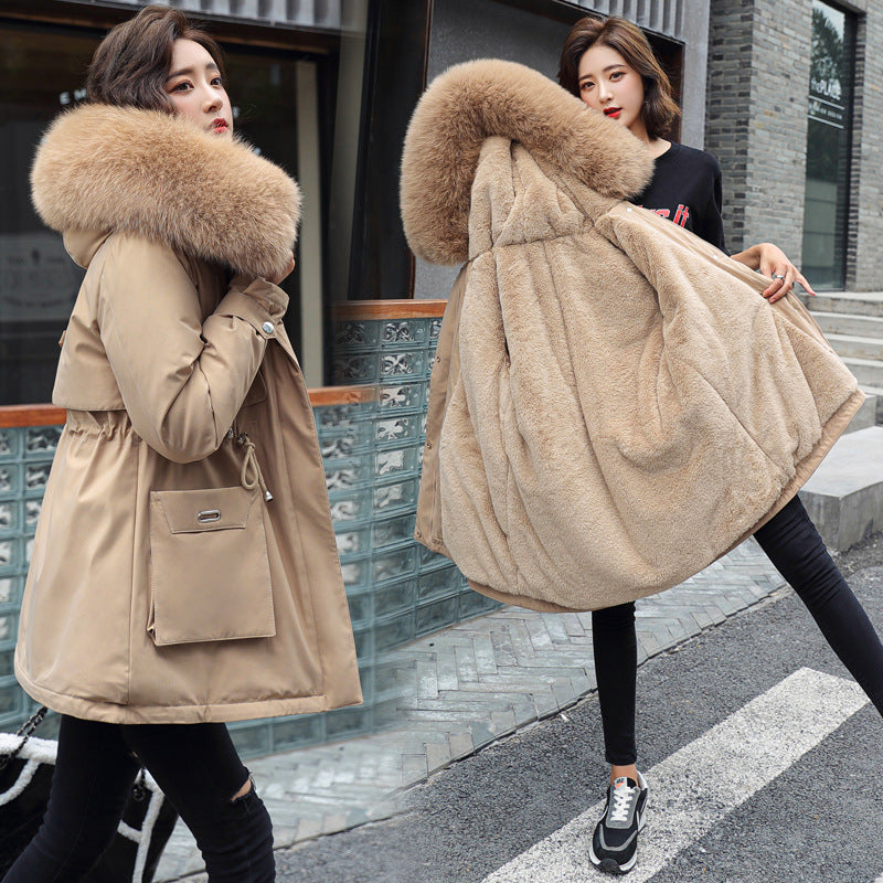 Oversized Fur Collar Plus Velvet Cotton Coat for Women