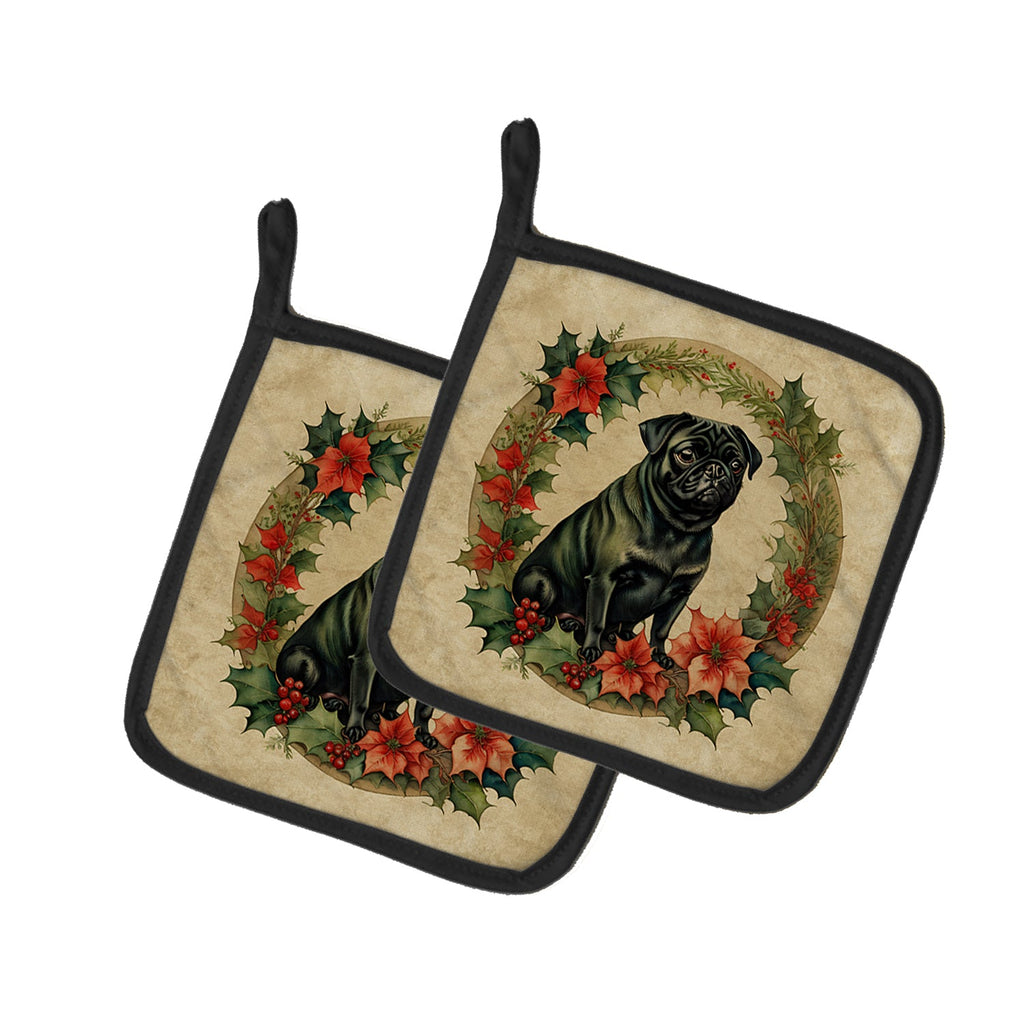 Pug Christmas Flowers Pair of Pot Holders