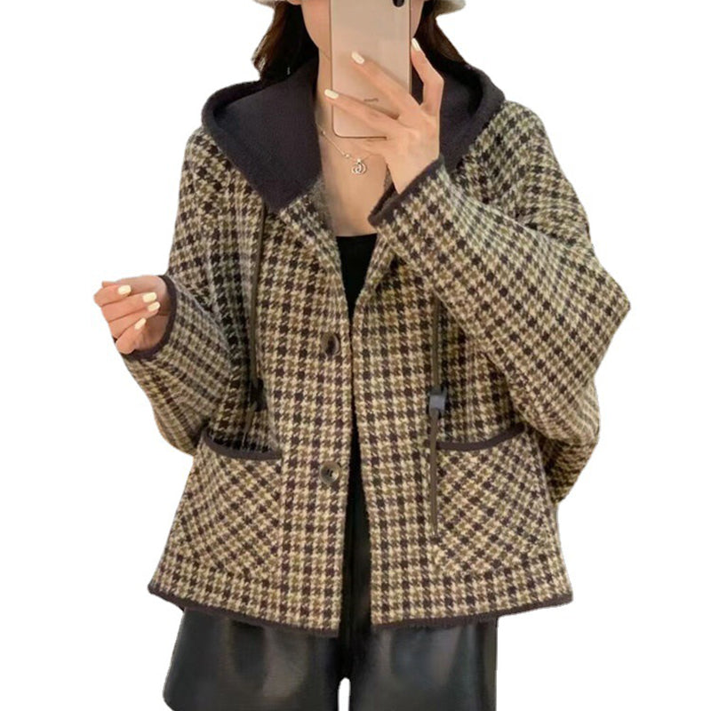 Vintage Plaid Hooded Women's Sweater Jacket Cardigan