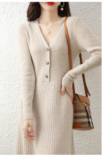 Elegant V-neck Wool Knitted Dress for Women