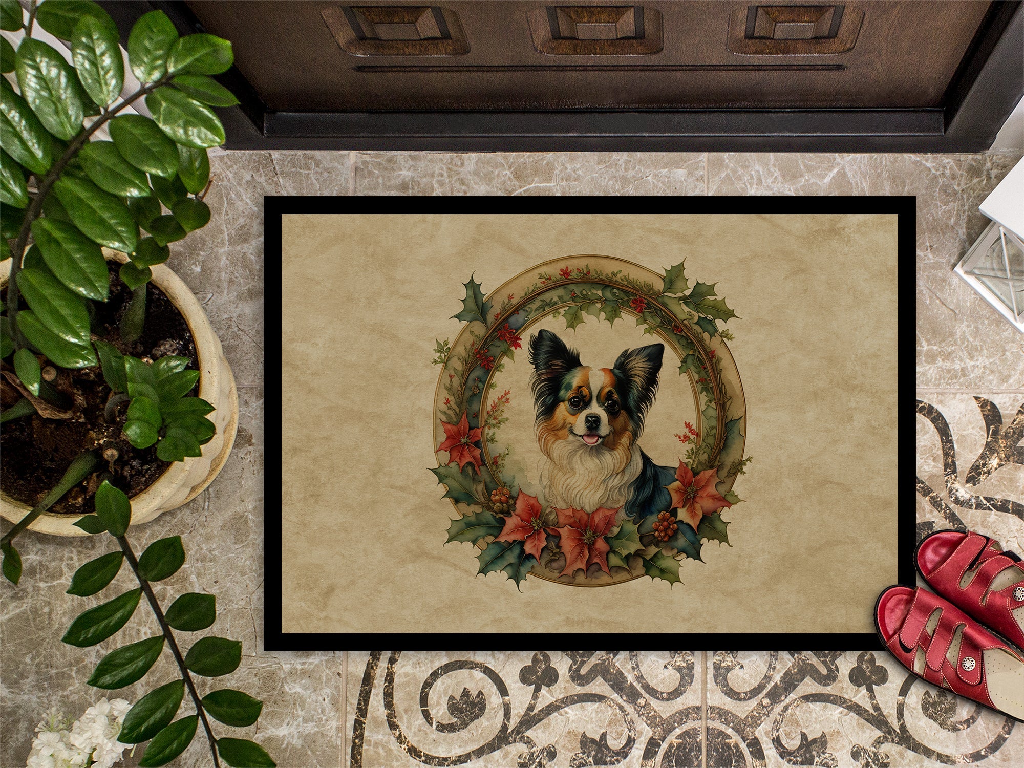 Papillon Christmas Flowers Doormat