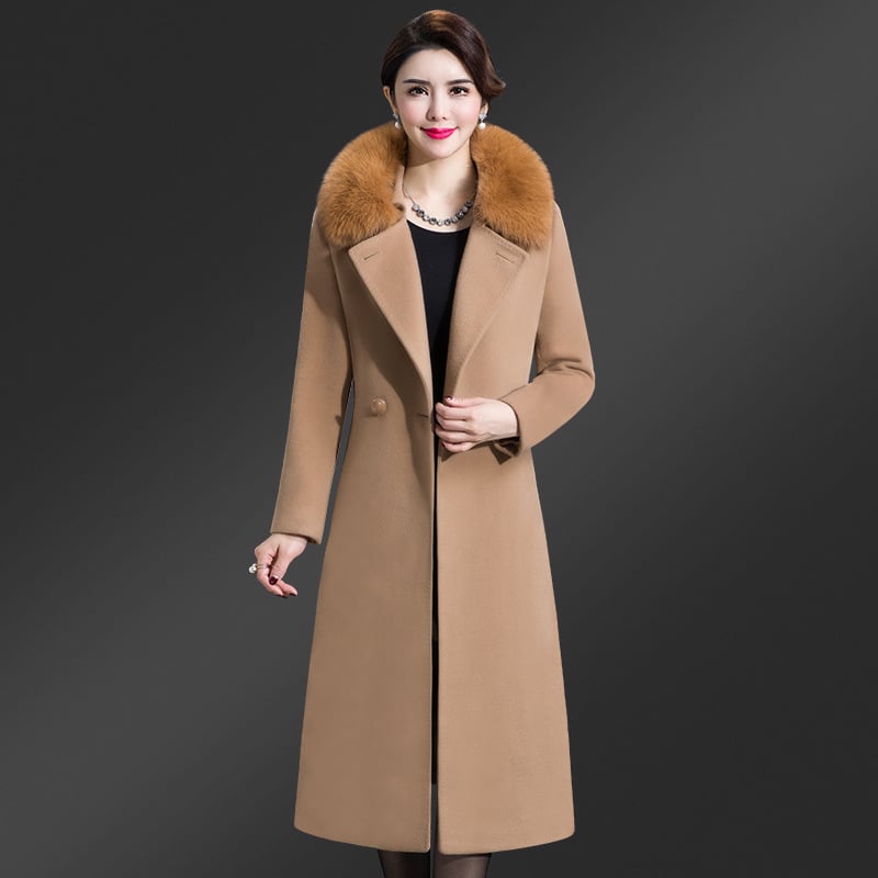 Korean Fox Fur Collar Cashmere Coat (Single Side)