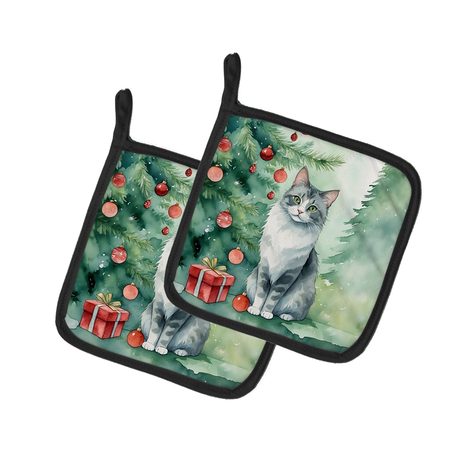 Australian Mist Cat By the Christmas Tree Pair of Pot Holders
