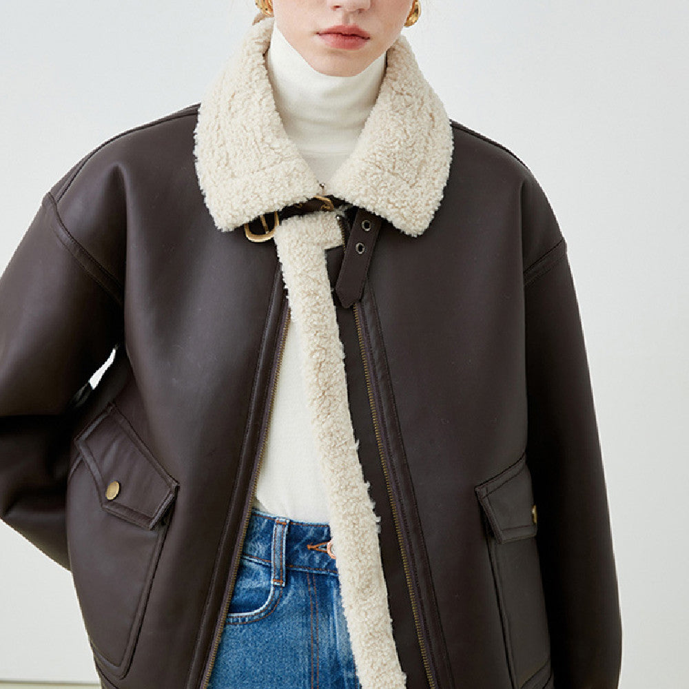 Korean Style Thick Plush Leather Coat for Women
