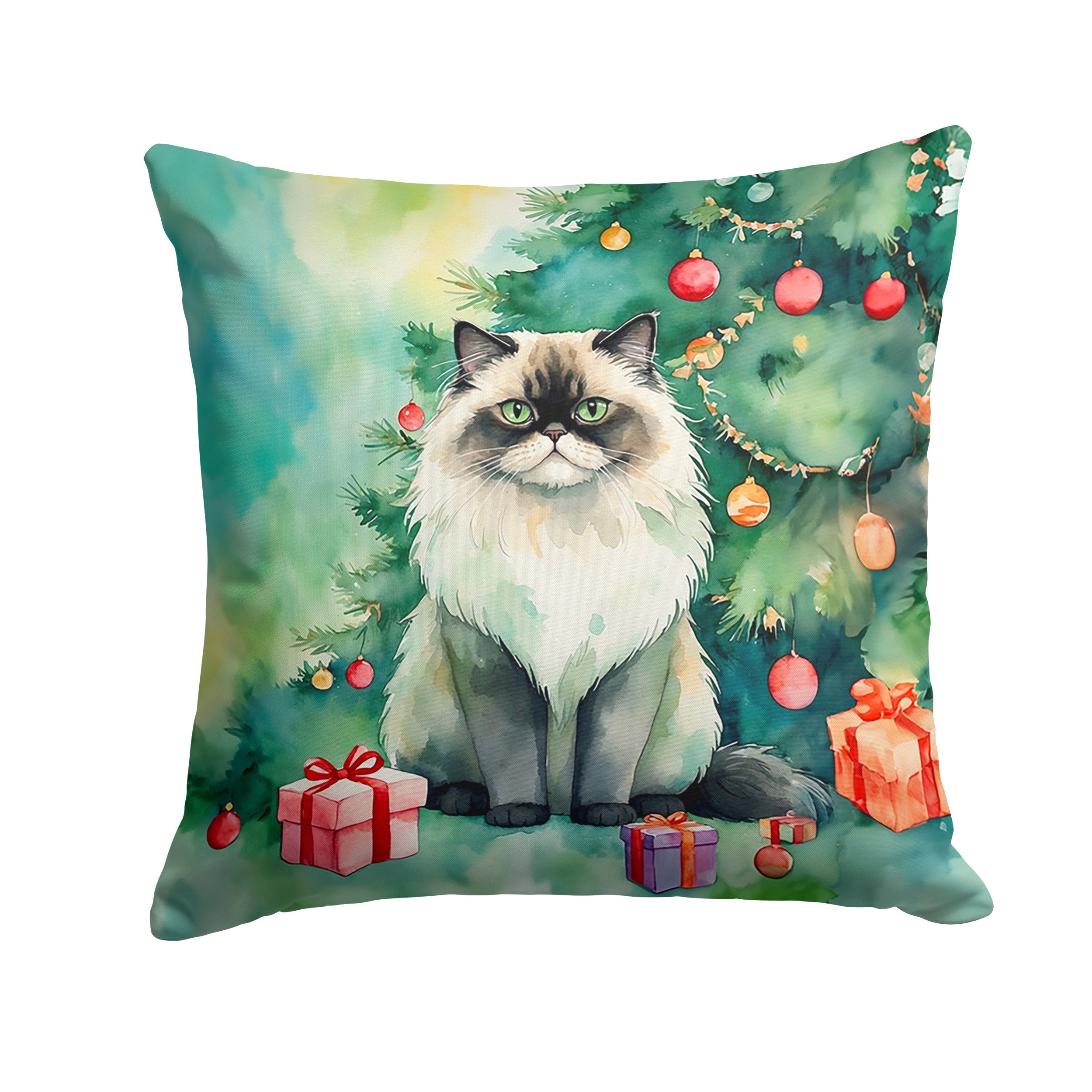 Himalayan Cat By the Christmas Tree Throw Pillow