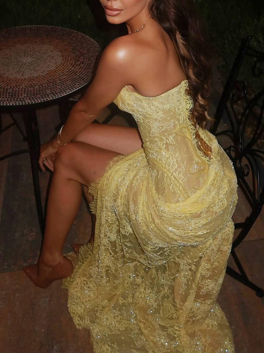 Bustier Lace Sequin High-Slit Dress