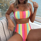 Rainbow Stripe High-Waist Bikini Set