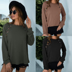 New Crew Neck Button Decor Long Sleeve Knit Sweater
