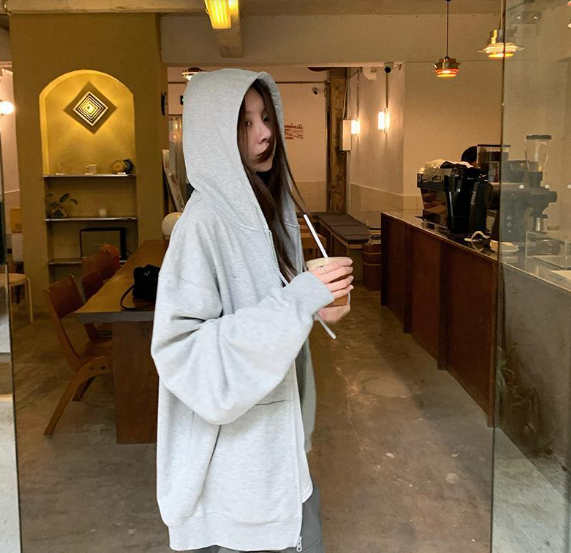 Women's Loose Grey Zip Hooded Cardigan Sweater