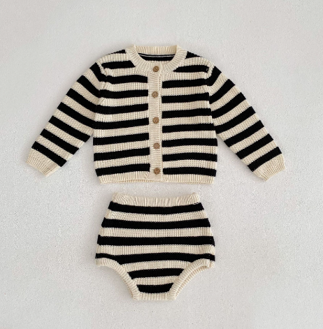 Striped Knitwear Set with Romper and Cardigan (One Set)