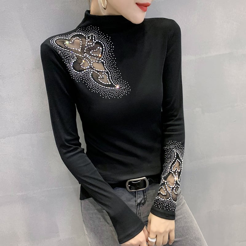Women's Slim Fit Lace Hollow Fleece Turtleneck Shirt