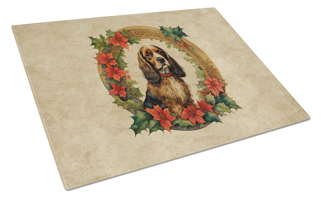 English Cocker Spaniel Christmas Flowers Glass Cutting Board