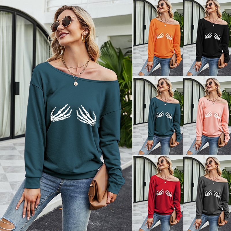 Women's Casual Plush Sweater with Sloping Shoulder Print