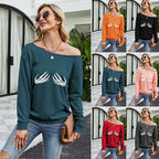 Women's Casual Plush Sweater with Sloping Shoulder Print