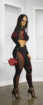Mesh Panel Sexy Crop Top and High-Waisted Leggings Set