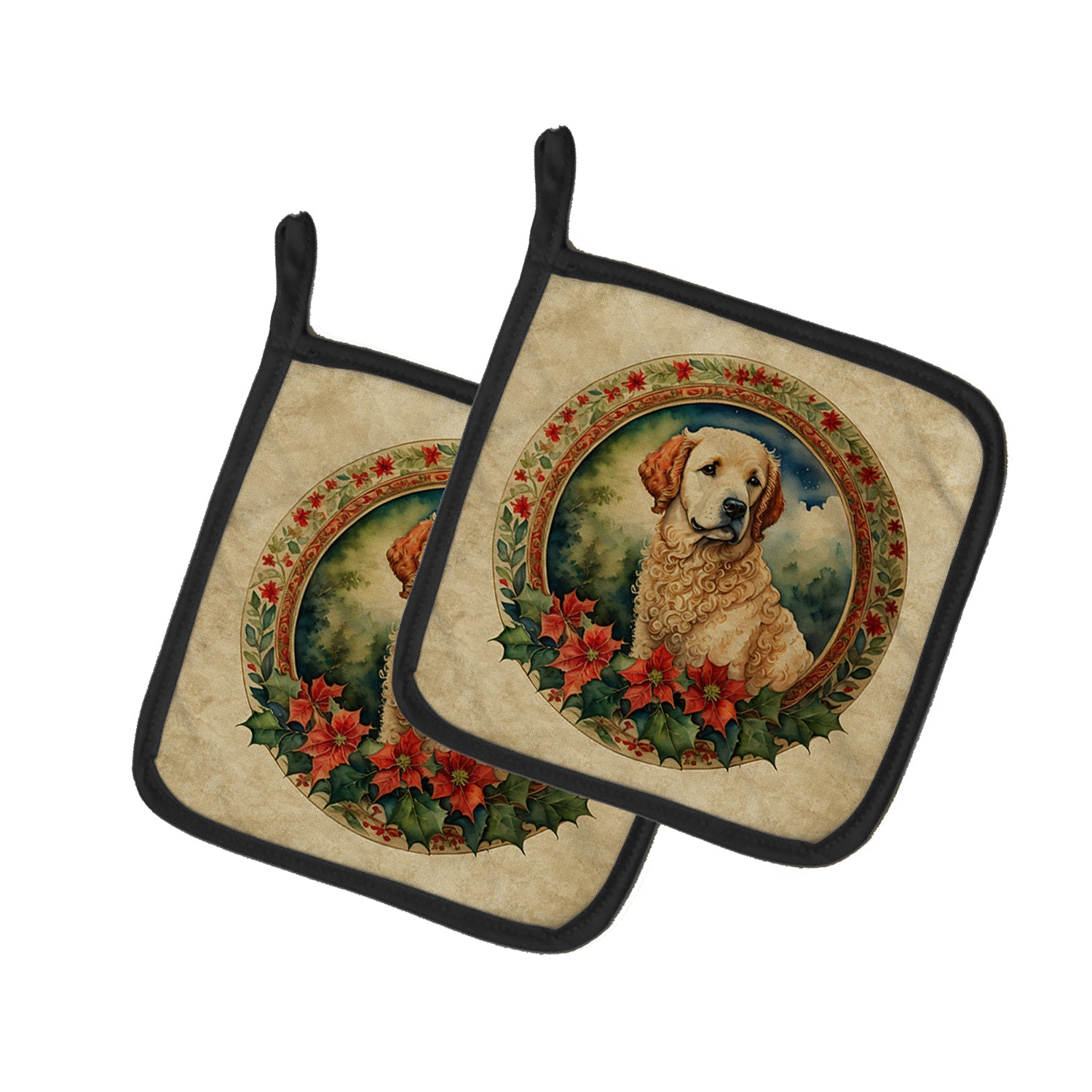 Kuvasz Christmas Flowers Pair of Pot Holders