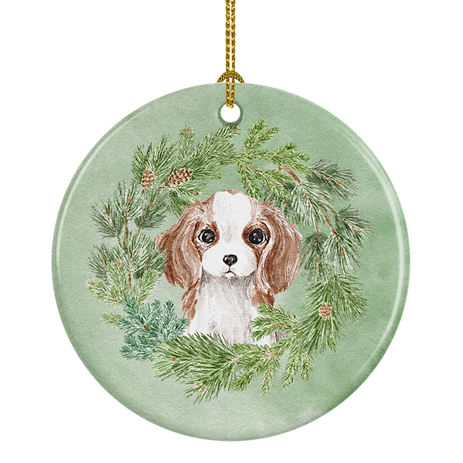Cavalier Spaniel Puppy Blenheim Christmas Wreath Ceramic Ornament