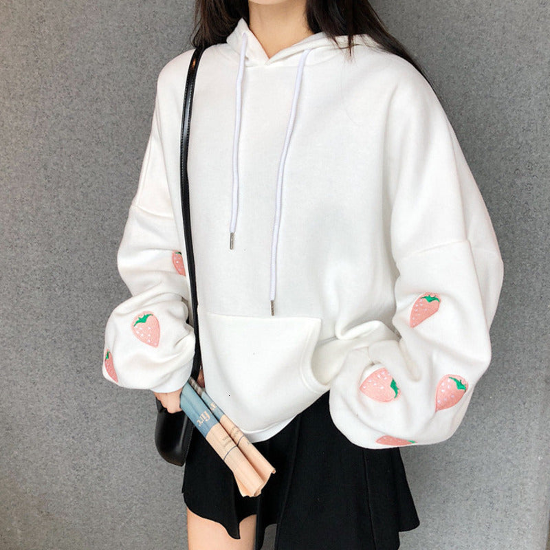 Embroidered Strawberry Fleece Hoodie for Girls | Streetwear